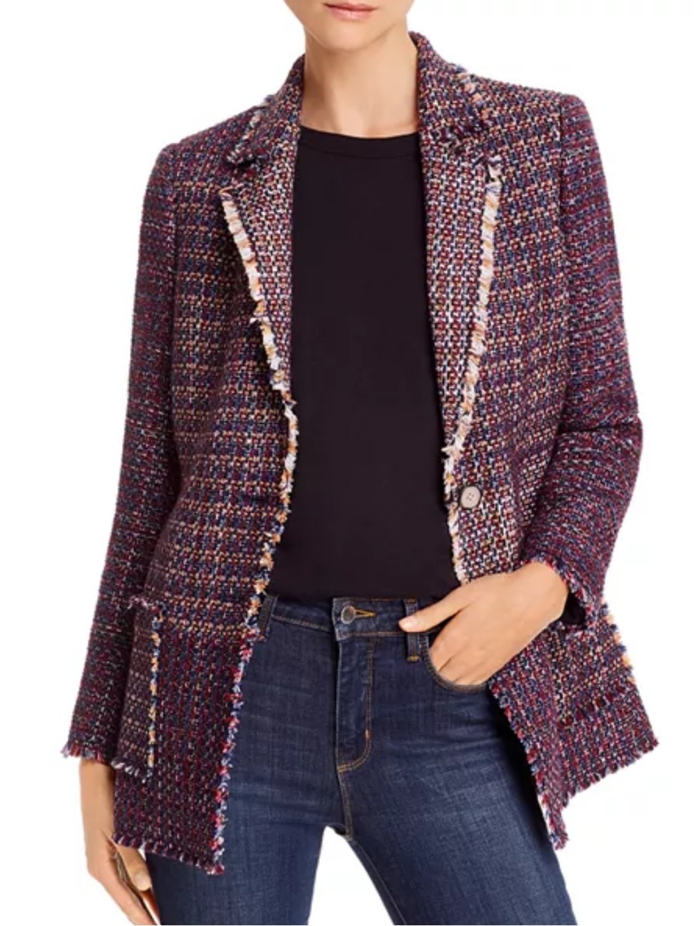Rebecca Taylor Multi-Color Tweed Frayed-Trim Blazer